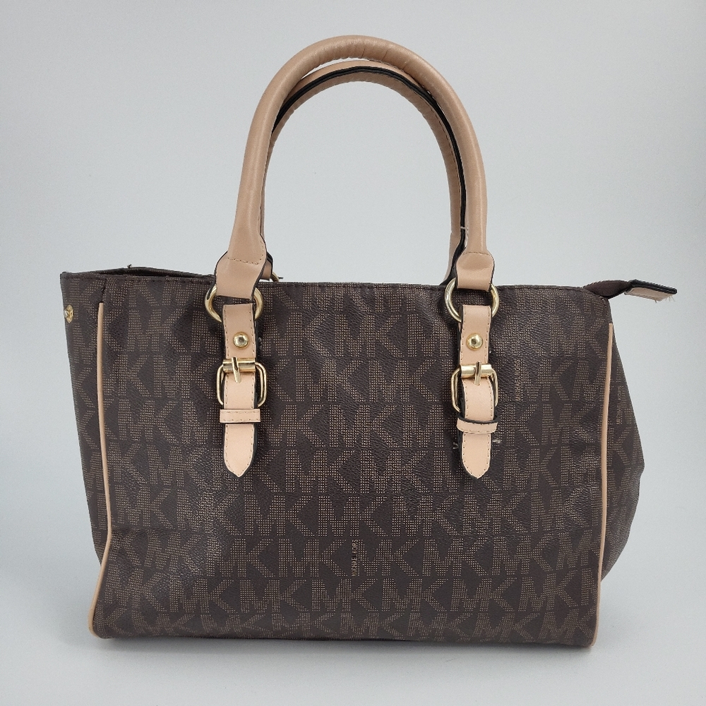 Michael Kors Brown Logo Print Tote Bag Gold Tone Hardware